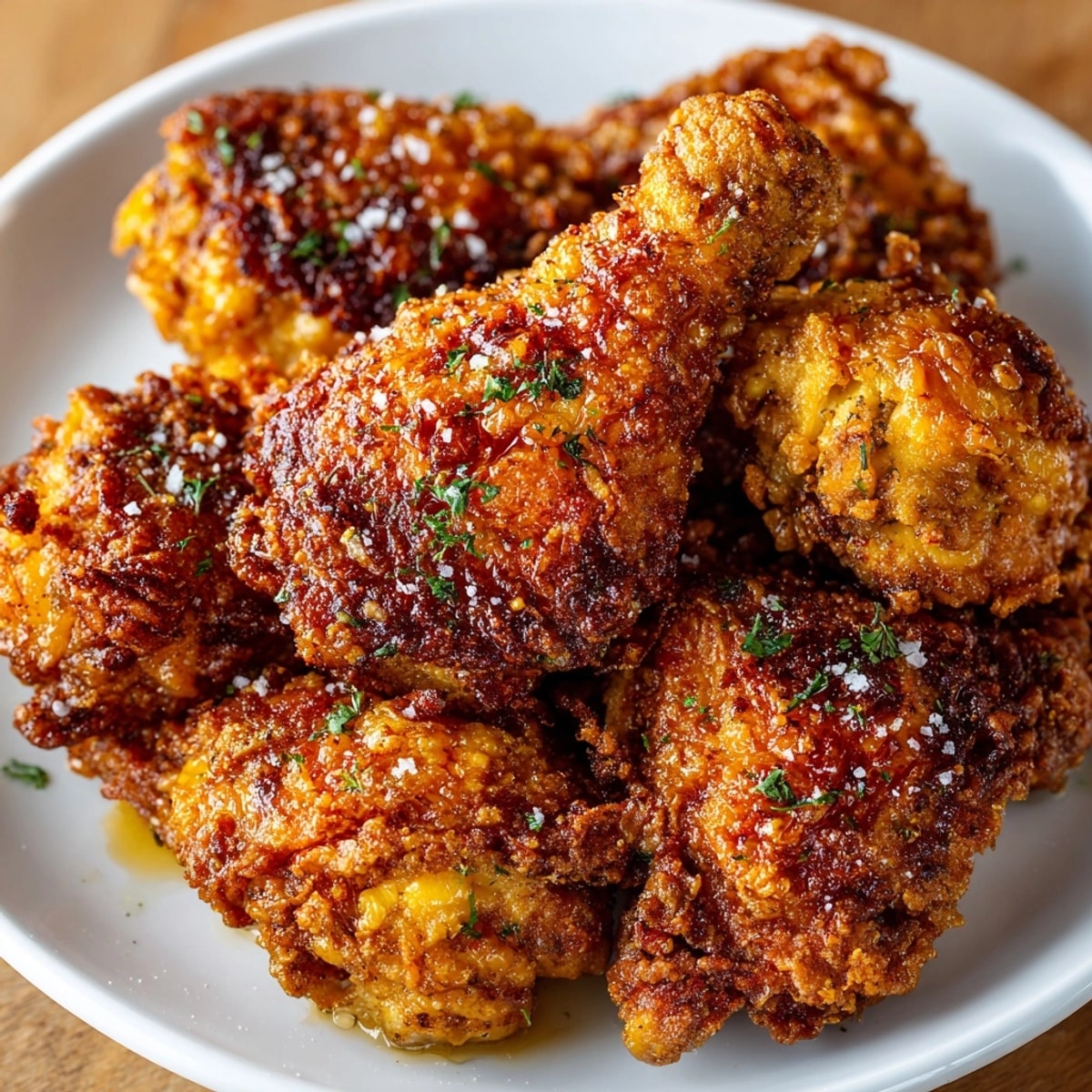 Golden-brown pickle brined fried chicken, drizzled with honey, a Southern comfort food classic.