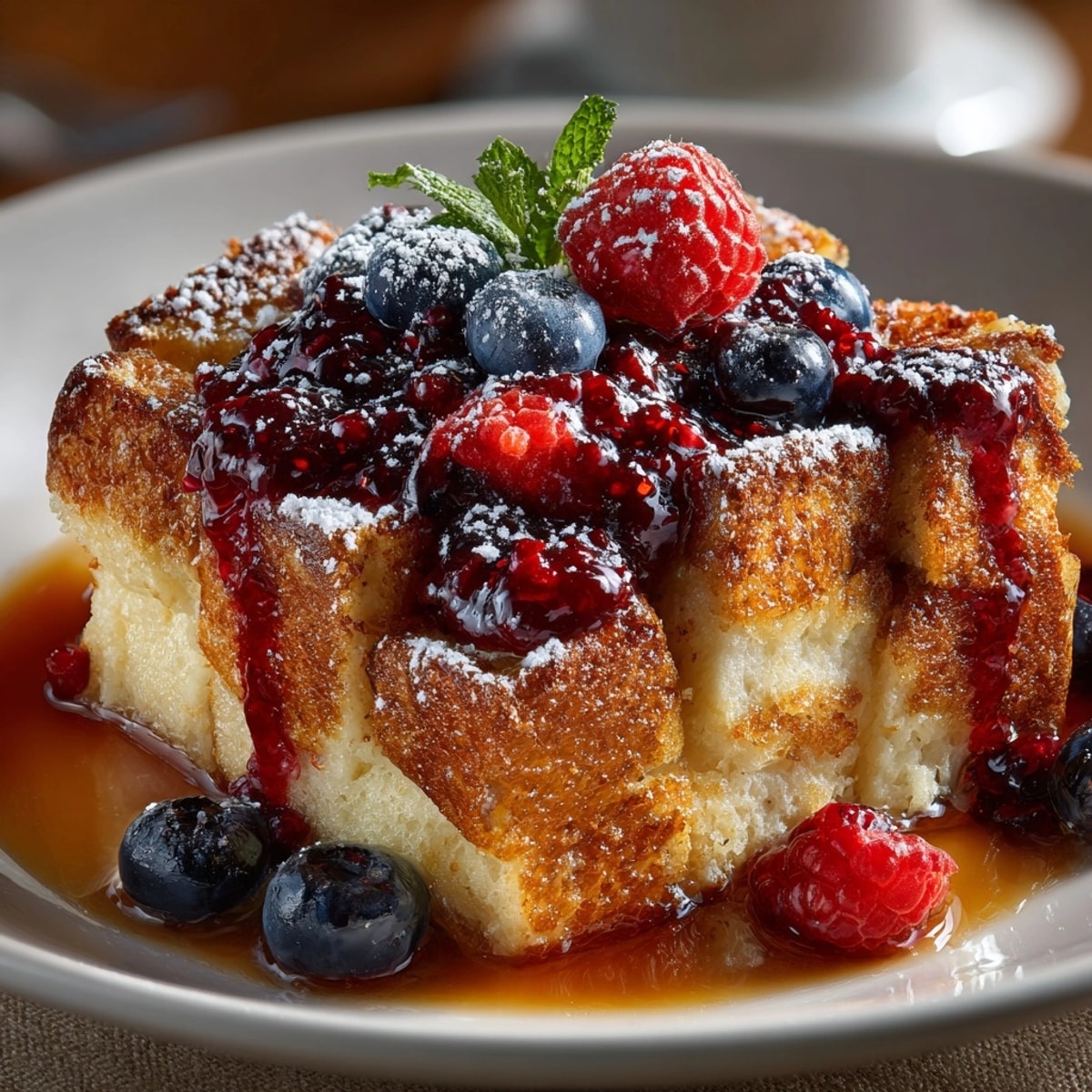 Golden-brown Sourdough French Toast Casserole with bubbling berry compote, ready for a delicious brunch.