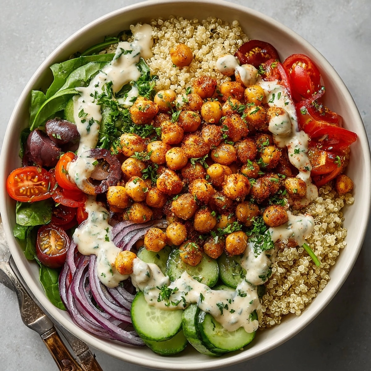 Mediterranean Chickpea Power Bowl with tahini, a colorful vegan meal with golden, crispy chickpeas.
