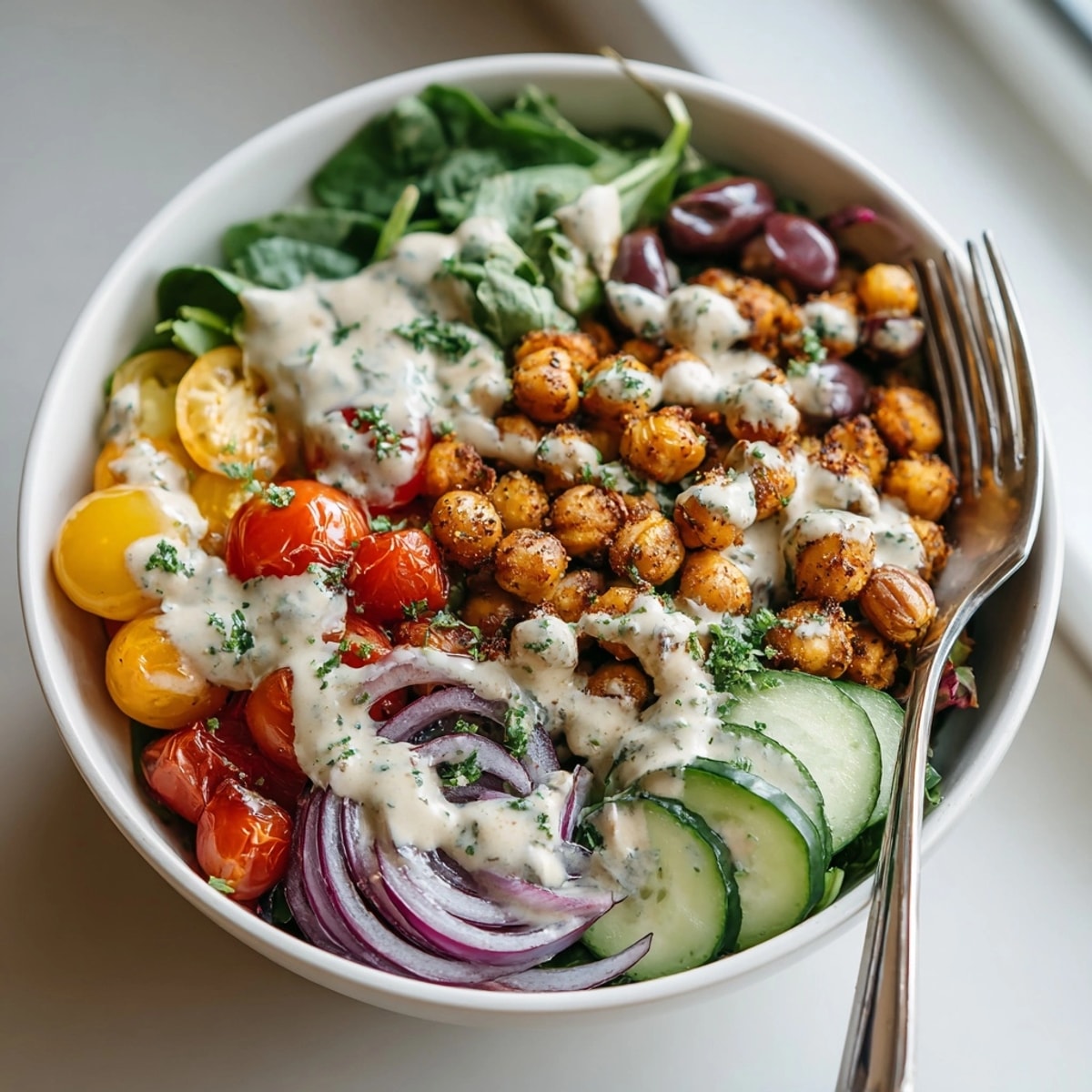 A healthy Mediterranean Chickpea Power Bowl, bursting with fresh veggies and creamy tahini dressing drizzled over.