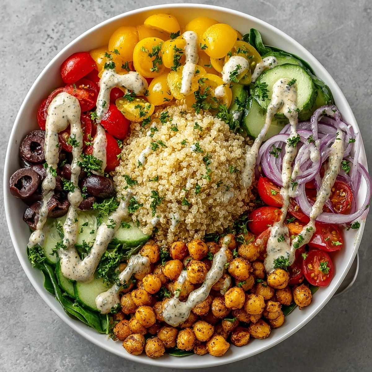 This vibrant Mediterranean Chickpea Power Bowl features roasted chickpeas over greens and drizzled tahini.