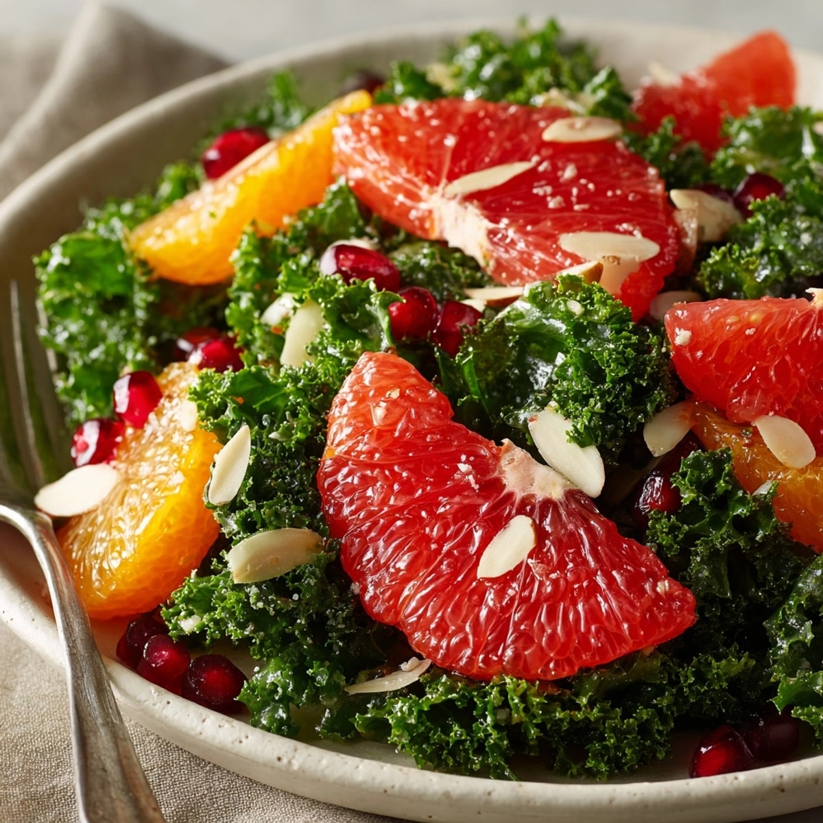 Bright Winter Citrus Kale Salad, bursting with pomegranate jewels and vibrant citrus segments on a bed of kale.