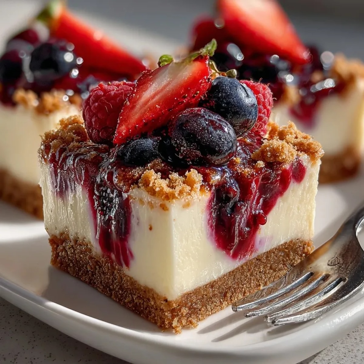 Frozen berry cheesecake bars with a beautiful berry swirl, ready to be enjoyed cold and refreshing.