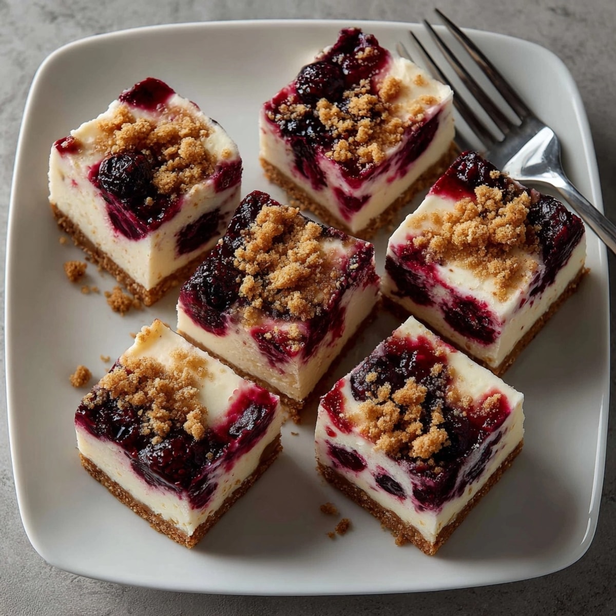 Delicious, frozen berry cheesecake bars topped with crumbly graham cracker topping, perfect for sharing.