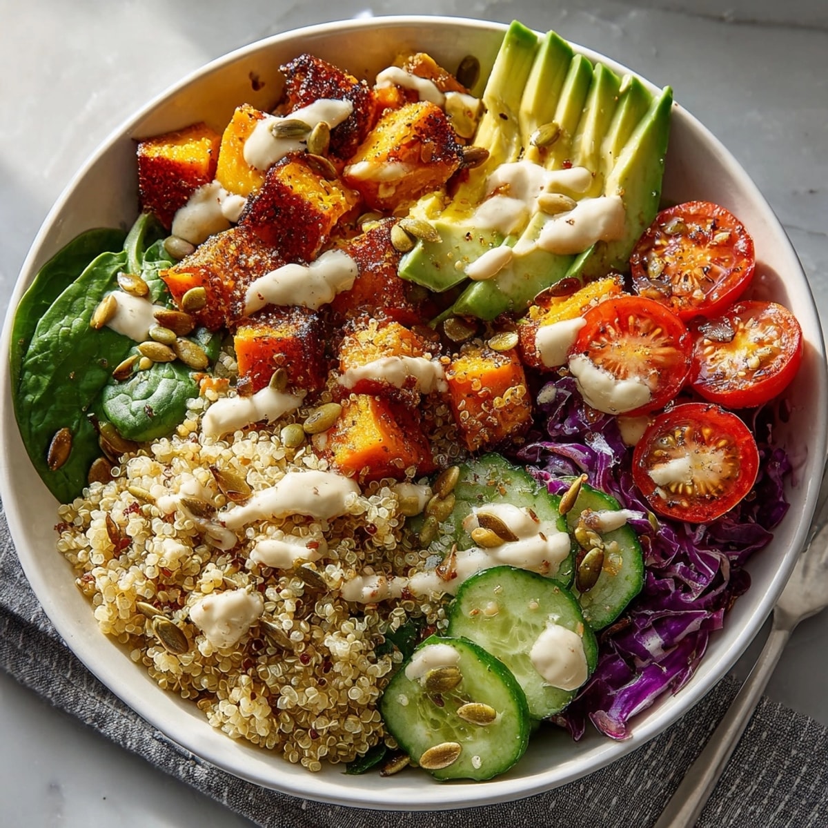Quinoa Buddha Bowl with roasted sweet potato: a colorful, plant-based meal with creamy tahini dressing and vibrant veggies.