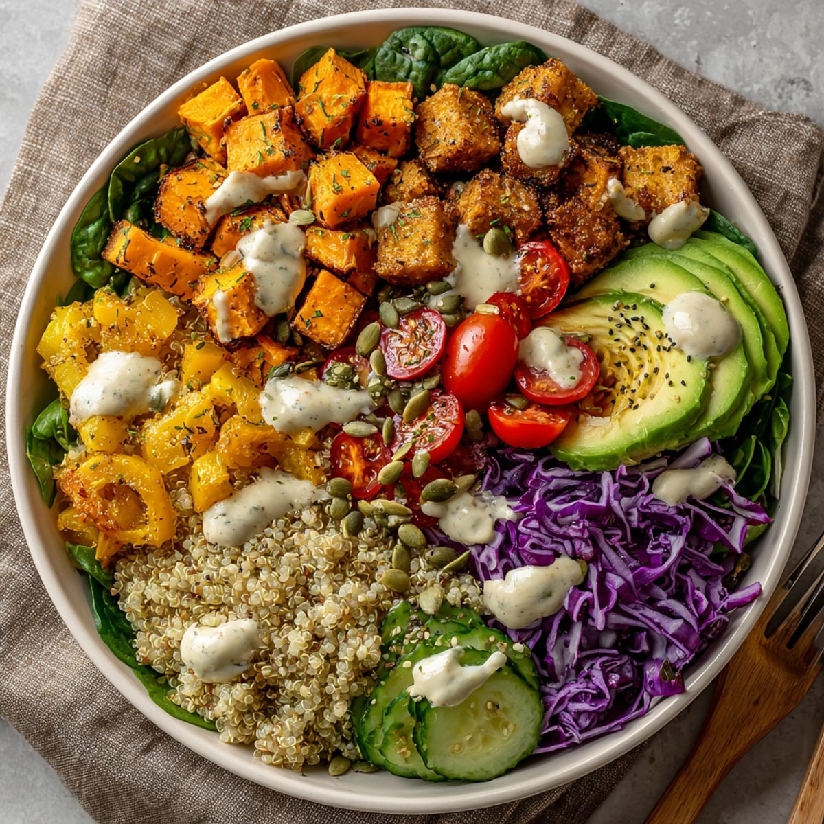 Golden roasted sweet potato highlights this healthy Quinoa Buddha Bowl, ready to be enjoyed with crunchy toppings.