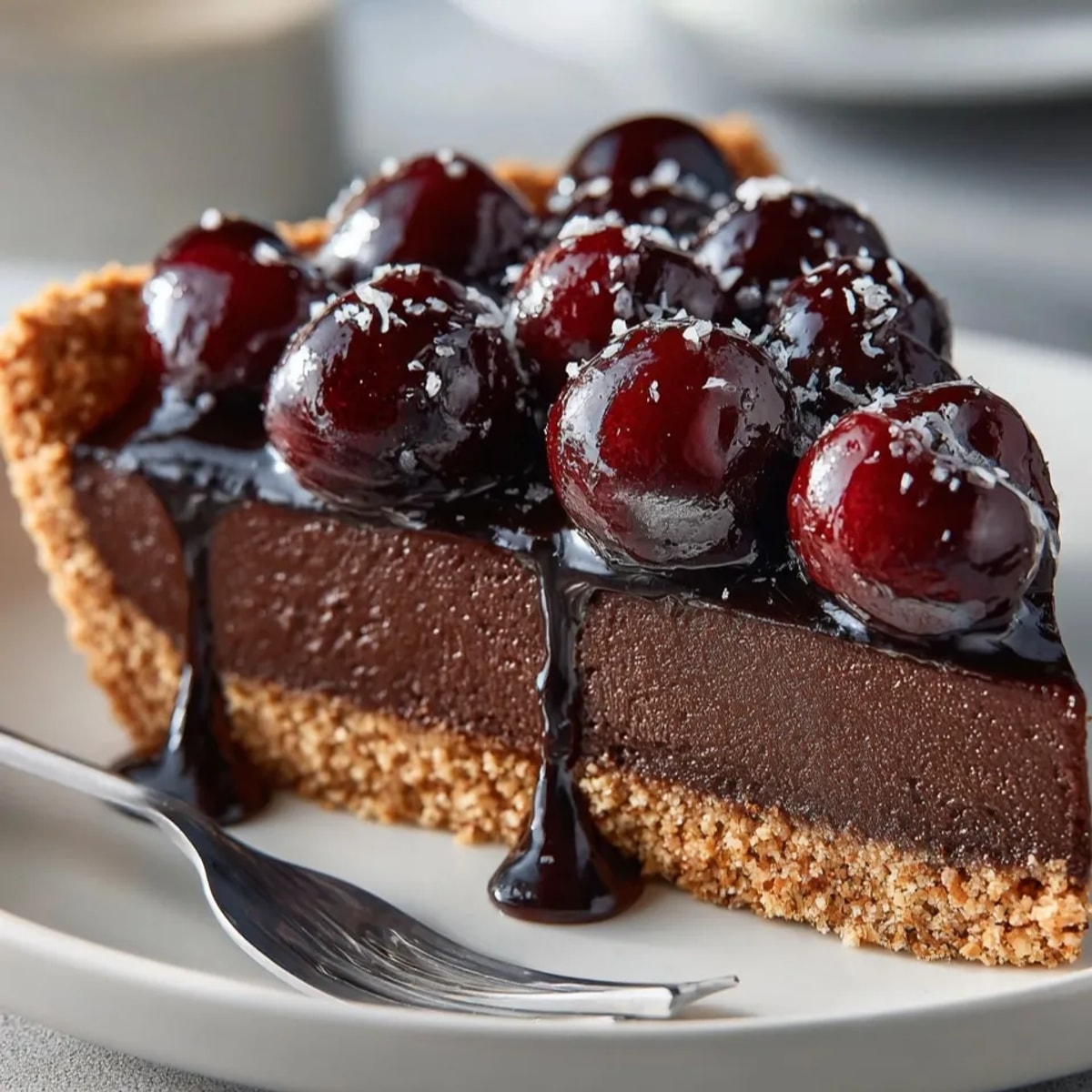 Rich, dark cherry chocolate tart with a glistening ganache and bright red cherry topping.
