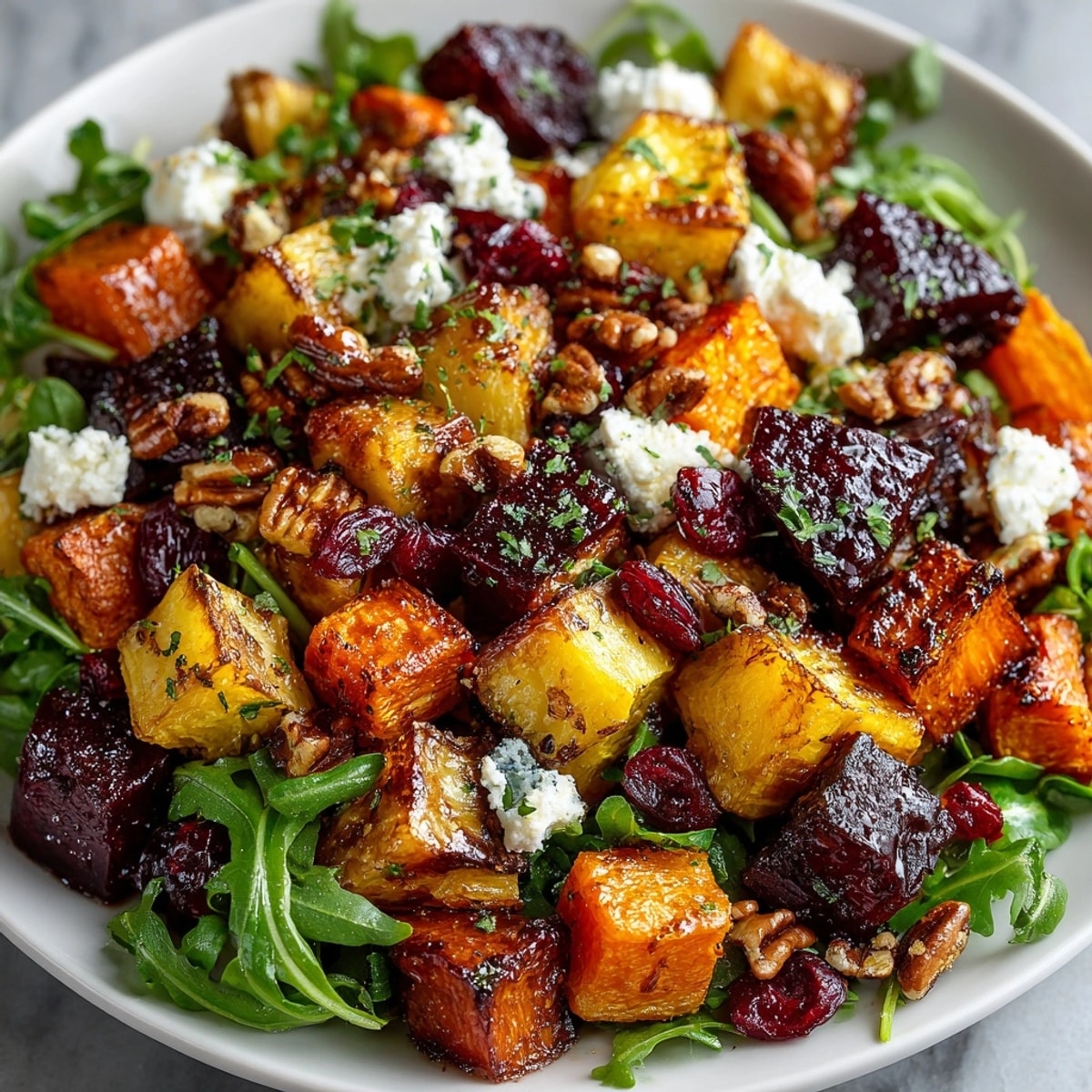 Vibrant Roasted Root Vegetable Harvest Salad with caramelized veggies and tangy maple dressing.