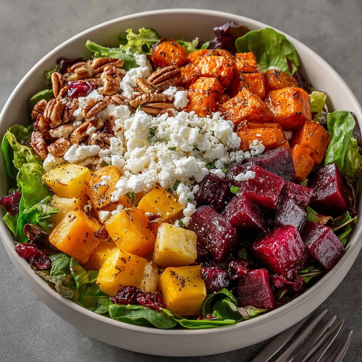 Tossed Roasted Root Vegetable Harvest Salad, a delicious vegetarian dish ready to serve.
