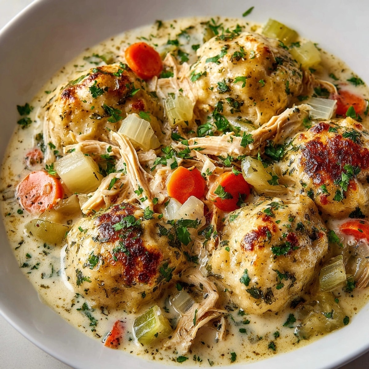 Steaming bowl of slow cooker chicken and dumplings: creamy broth, fluffy dumplings, and shredded chicken.