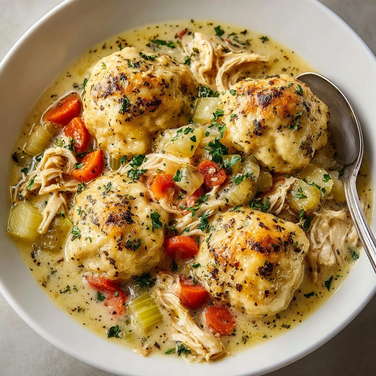 A comforting photo shows freshly made slow cooker chicken and dumplings, perfect for a chilly evening meal.