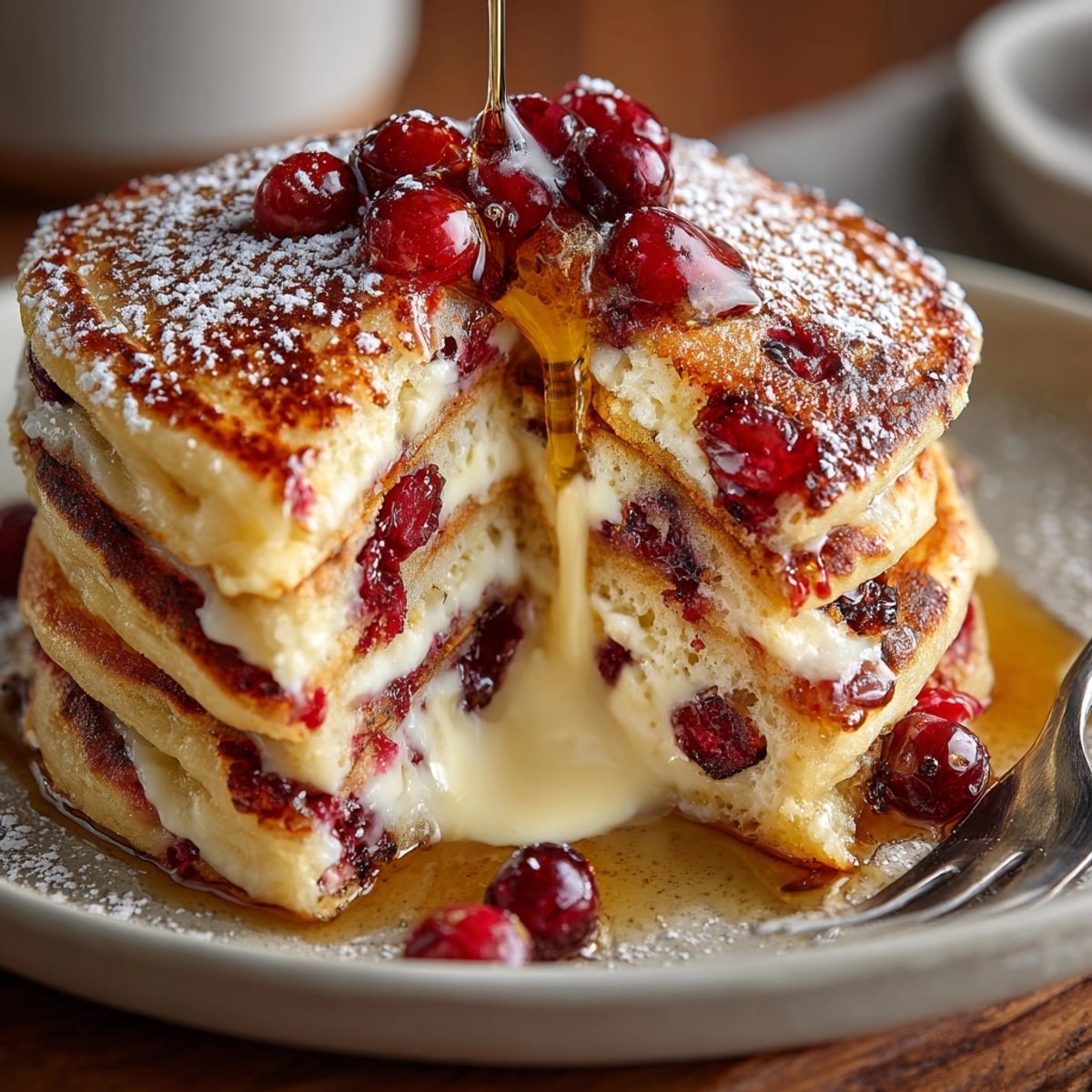 Fluffy Cranberry Orange Ricotta Pancakes, a stack ready to serve with maple syrup and extra orange slices.