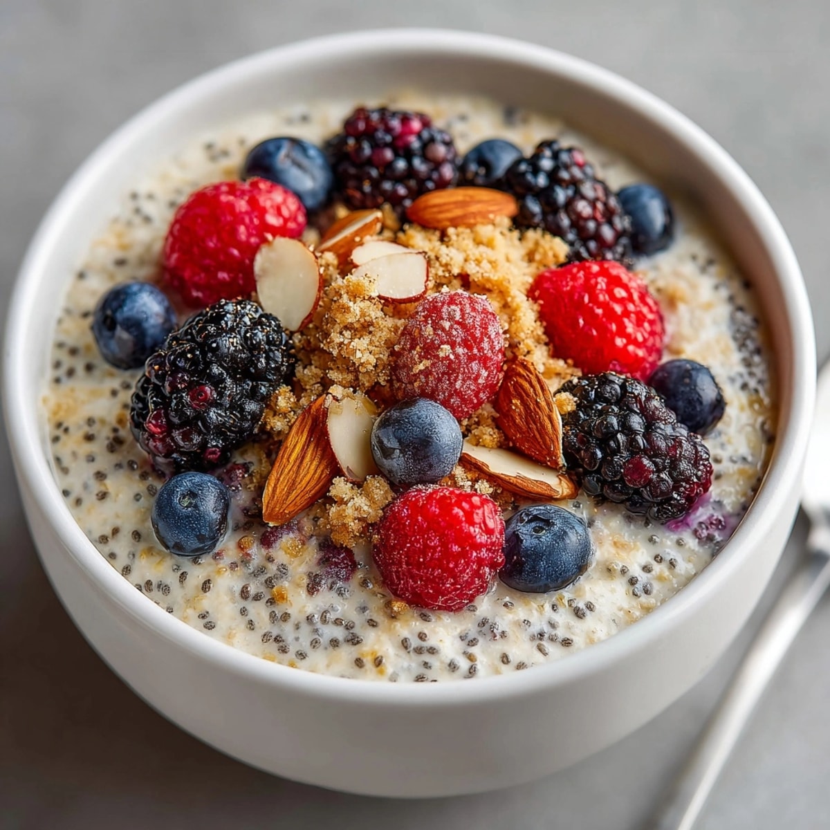 Creamy Mixed Berry Crumble Overnight Oats layered with a golden, crunchy crumble for a delicious breakfast.