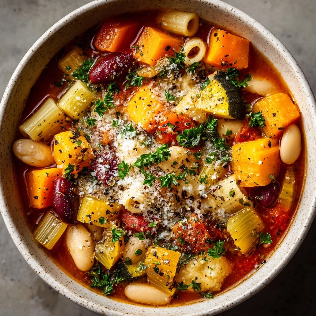 Warm bowl of Winter Vegetable Minestrone with white beans, a hearty Italian soup for cold evenings.