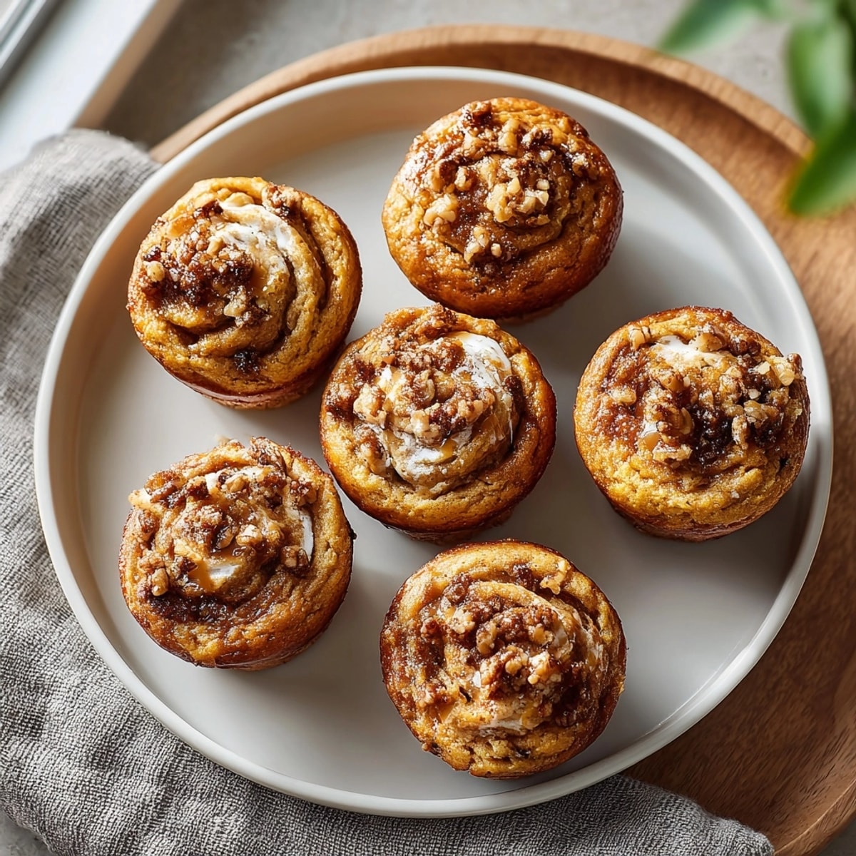 Close-up of a stack of warm acorn squash breakfast muffins, glistening with maple glaze.