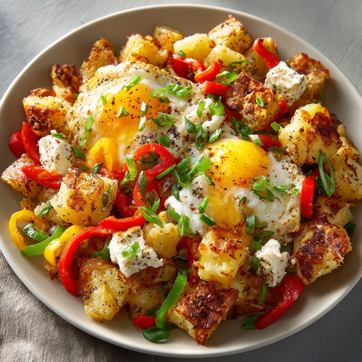 Everything bagel breakfast hash with crispy potatoes and perfectly cooked sunny-side-up eggs, ready to eat.