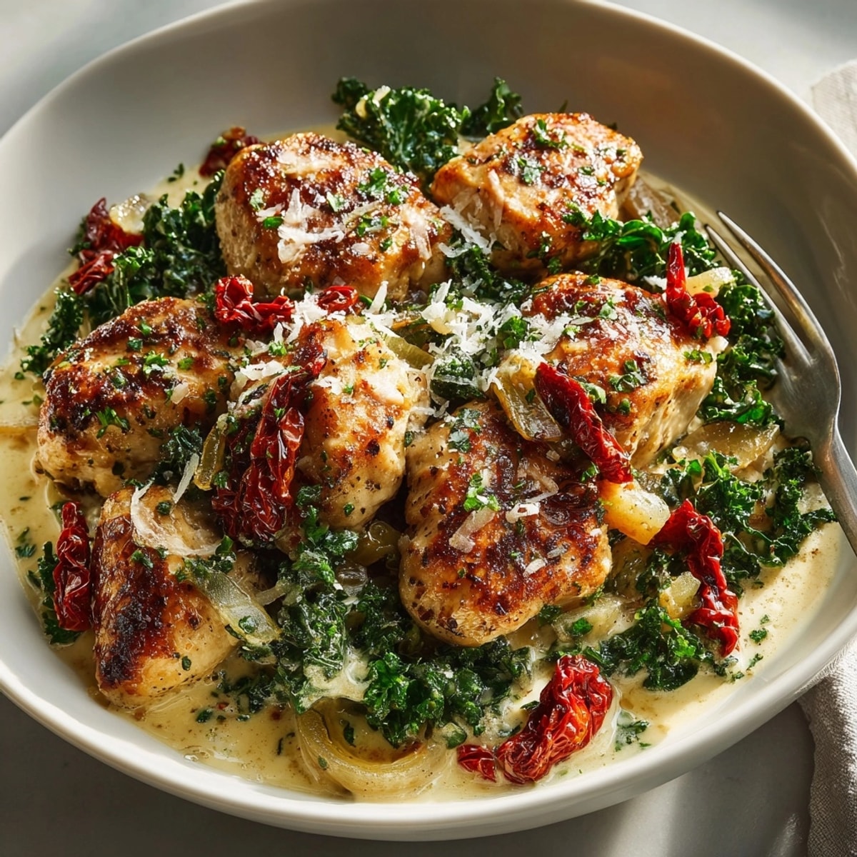 Golden-brown One-Pot Creamy Tuscan Chicken with kale, swimming in a creamy, herb-infused sauce, ready to devour.