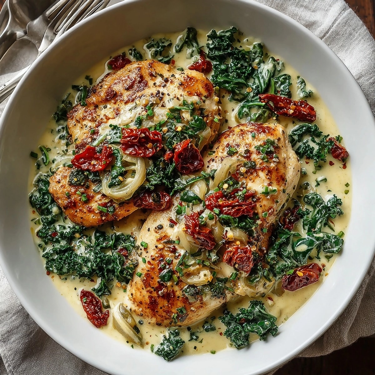 Imagine the delicious aroma: Creamy Tuscan Chicken with kale, cooked to perfection in one pot, served hot.