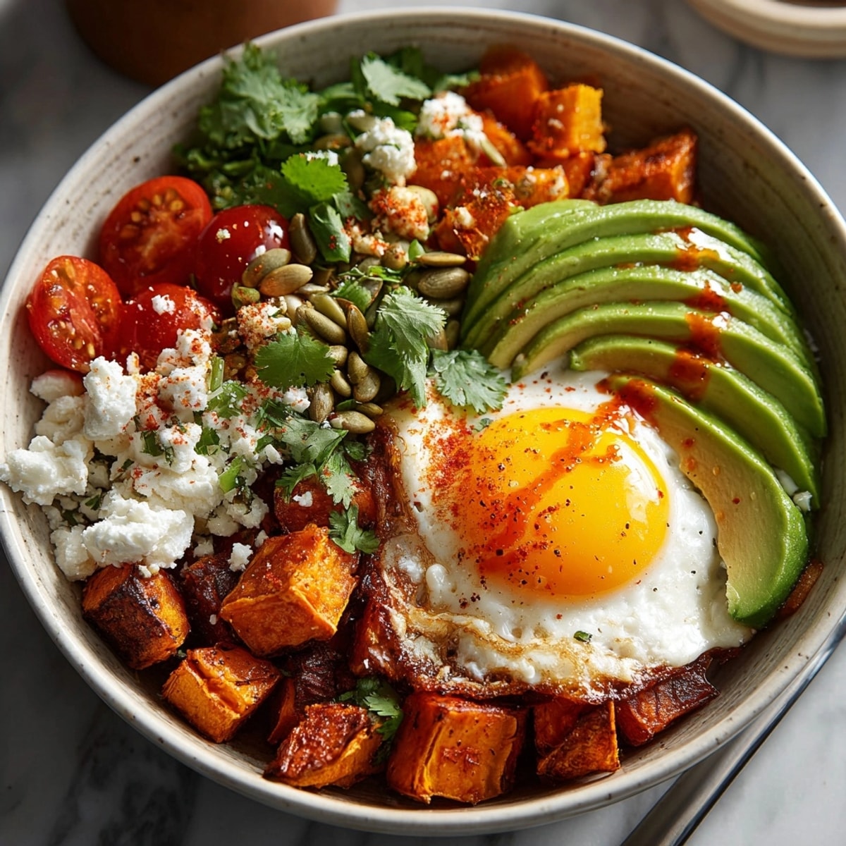 Golden-brown Loaded Sweet Potato Breakfast Bowls, piled high with fresh toppings, ready to enjoy.