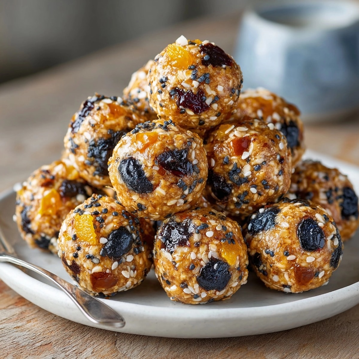 Vibrant photo of Lemon Blueberry Protein Balls: small round snacks with flecks of blue and lemon zest.