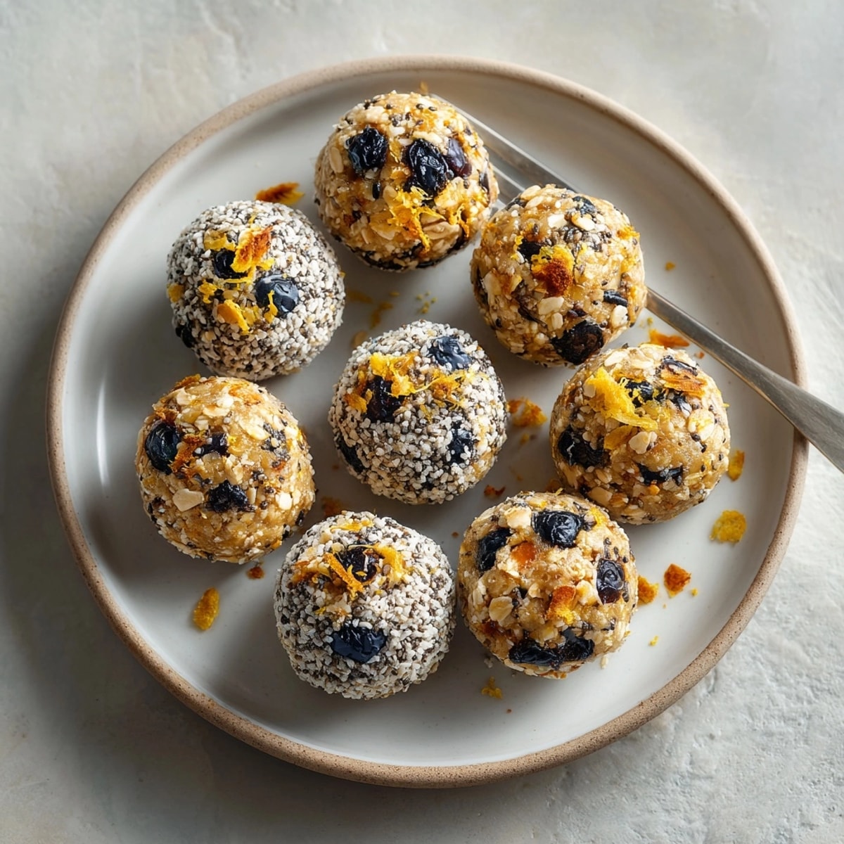 Perfectly round, ready-to-eat Lemon Blueberry Protein Balls, ready to grab for a delicious and easy snack.