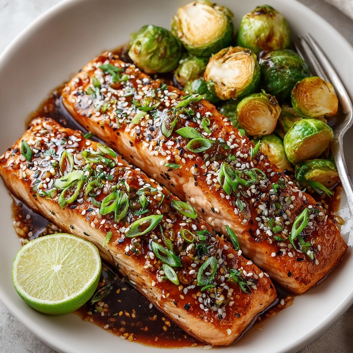 Sheet Pan Teriyaki Salmon with Brussels sprouts glistens with teriyaki glaze, a delicious one-pan meal.