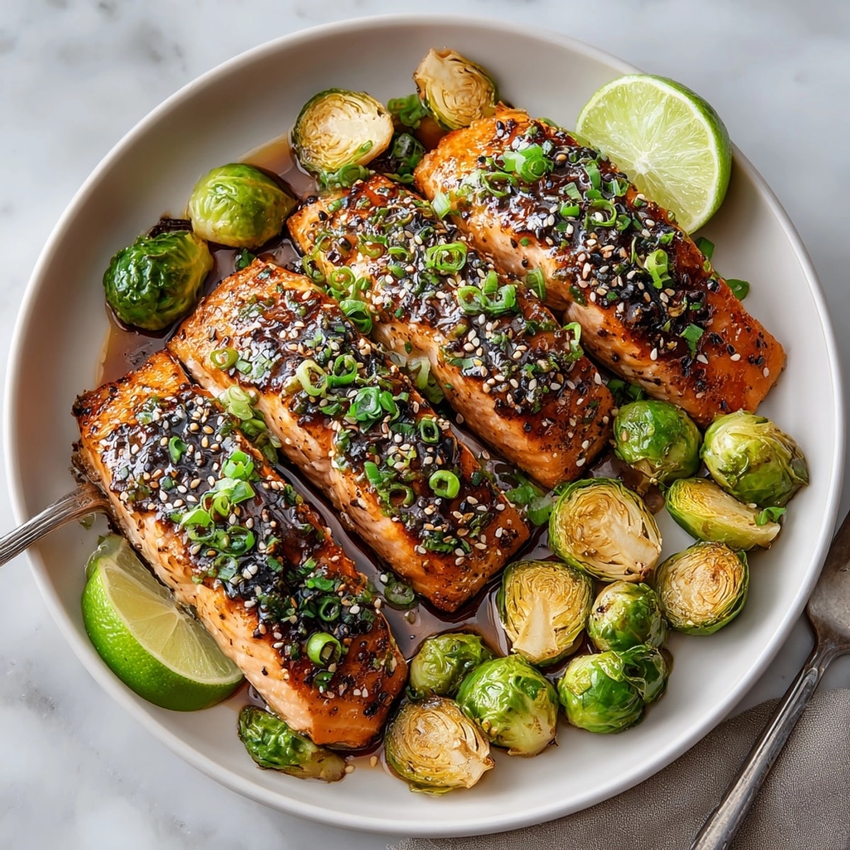 Enjoy a visual of the cooked Sheet Pan Teriyaki Salmon with its rich teriyaki sauce and crunchy sprouts.
