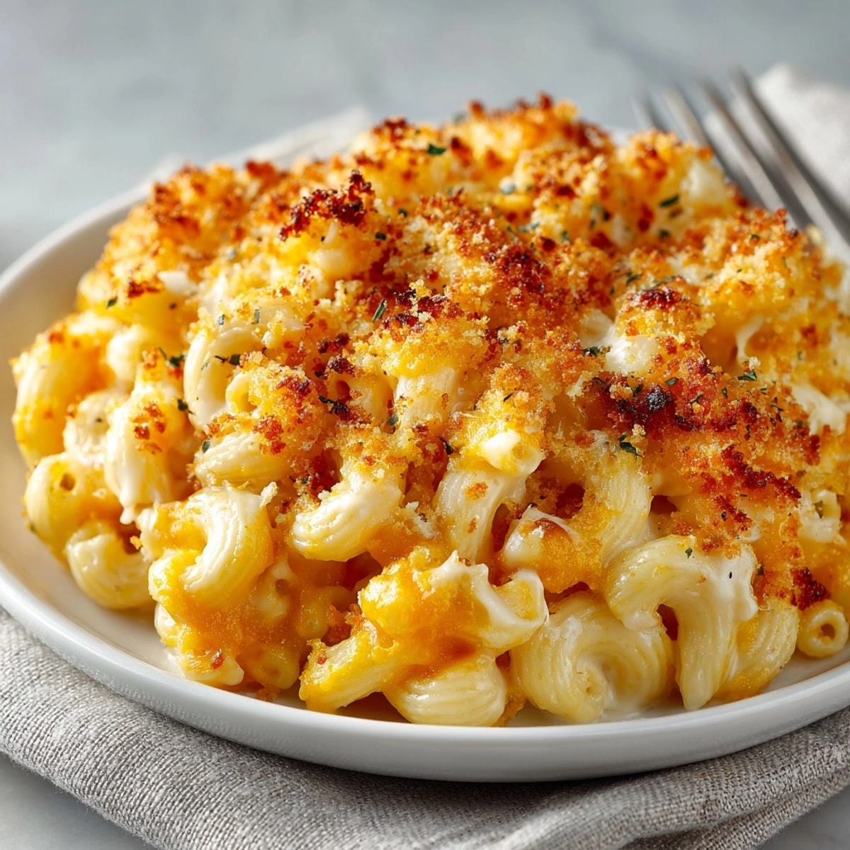 A photo of warm, cheesy Butternut Squash Mac and Cheese, creamy and golden brown.