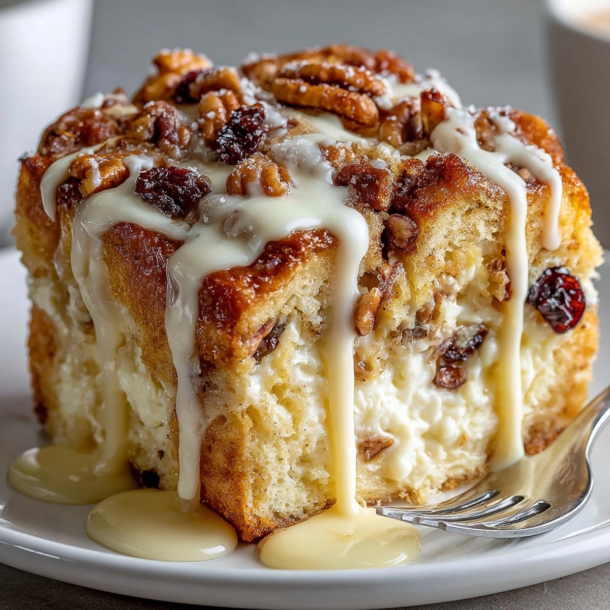 Warm, golden Cinnamon Roll Breakfast Bread Pudding topped with creamy glaze, a delicious brunch treat.