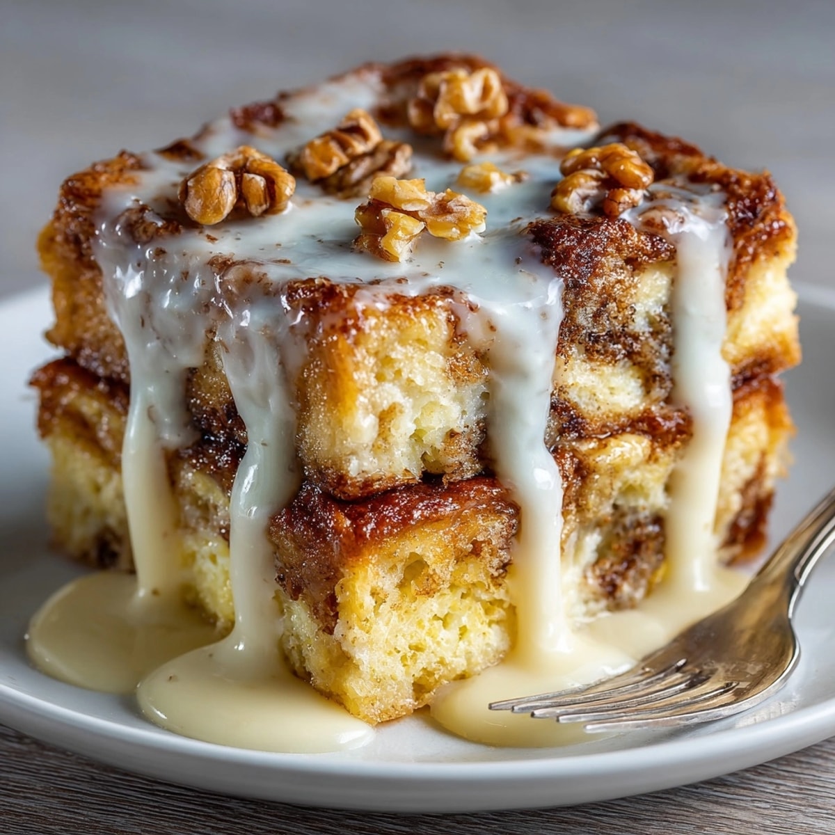 A close-up of Cinnamon Roll Breakfast Bread Pudding; soft bread pieces baked to a golden brown perfection.