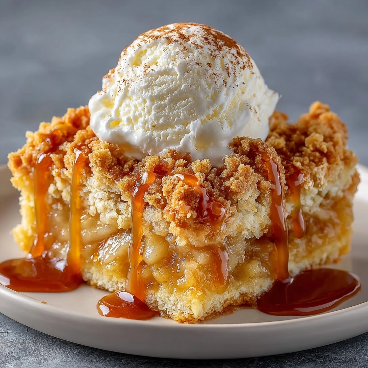 Golden-brown Caramel Apple Dump Cake, bubbling hot, ready for a scoop of vanilla ice cream.