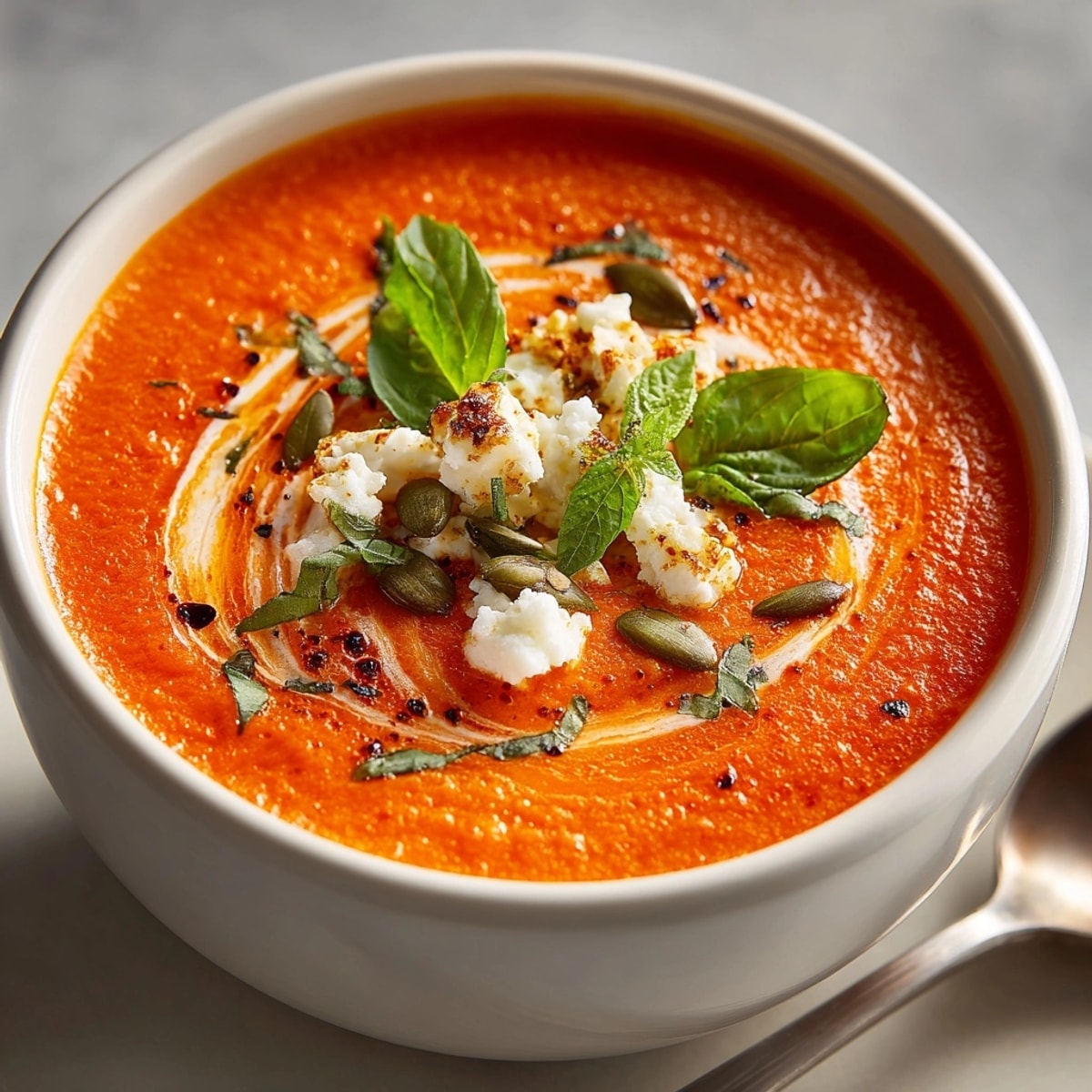 Smooth and creamy roasted red pepper soup with vibrant red color, ready to be served.