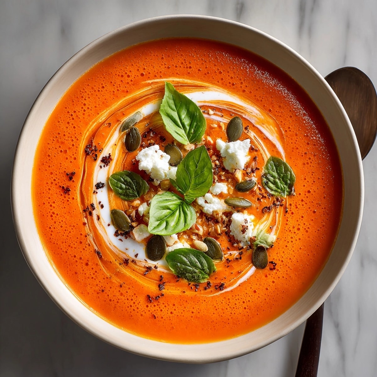 Vivid image: a velvety bowl of creamy roasted red pepper soup, perfect for a chilly evening.
