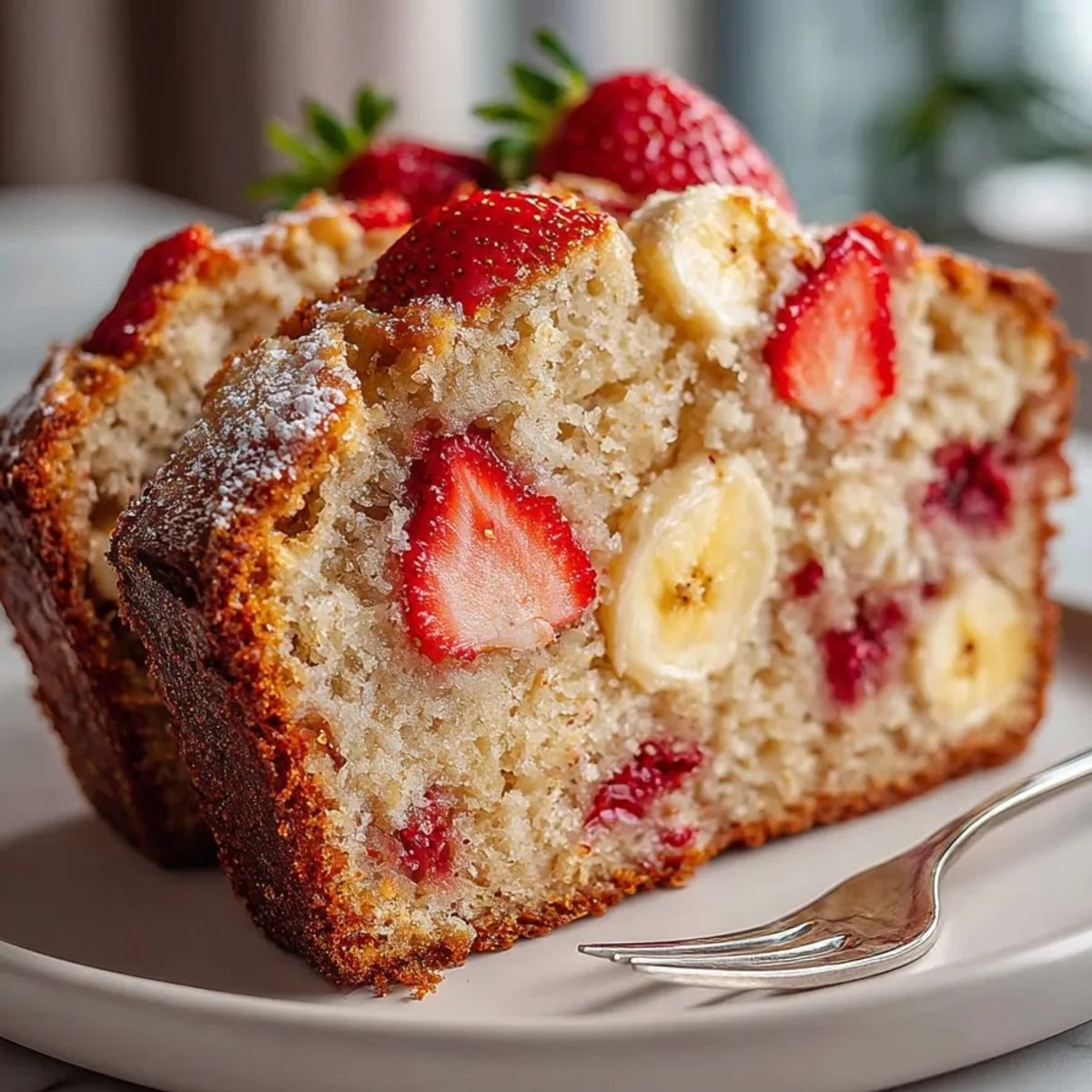 Warm slice of Strawberry Banana Pancake Bread, fluffy and dotted with sweet strawberries.