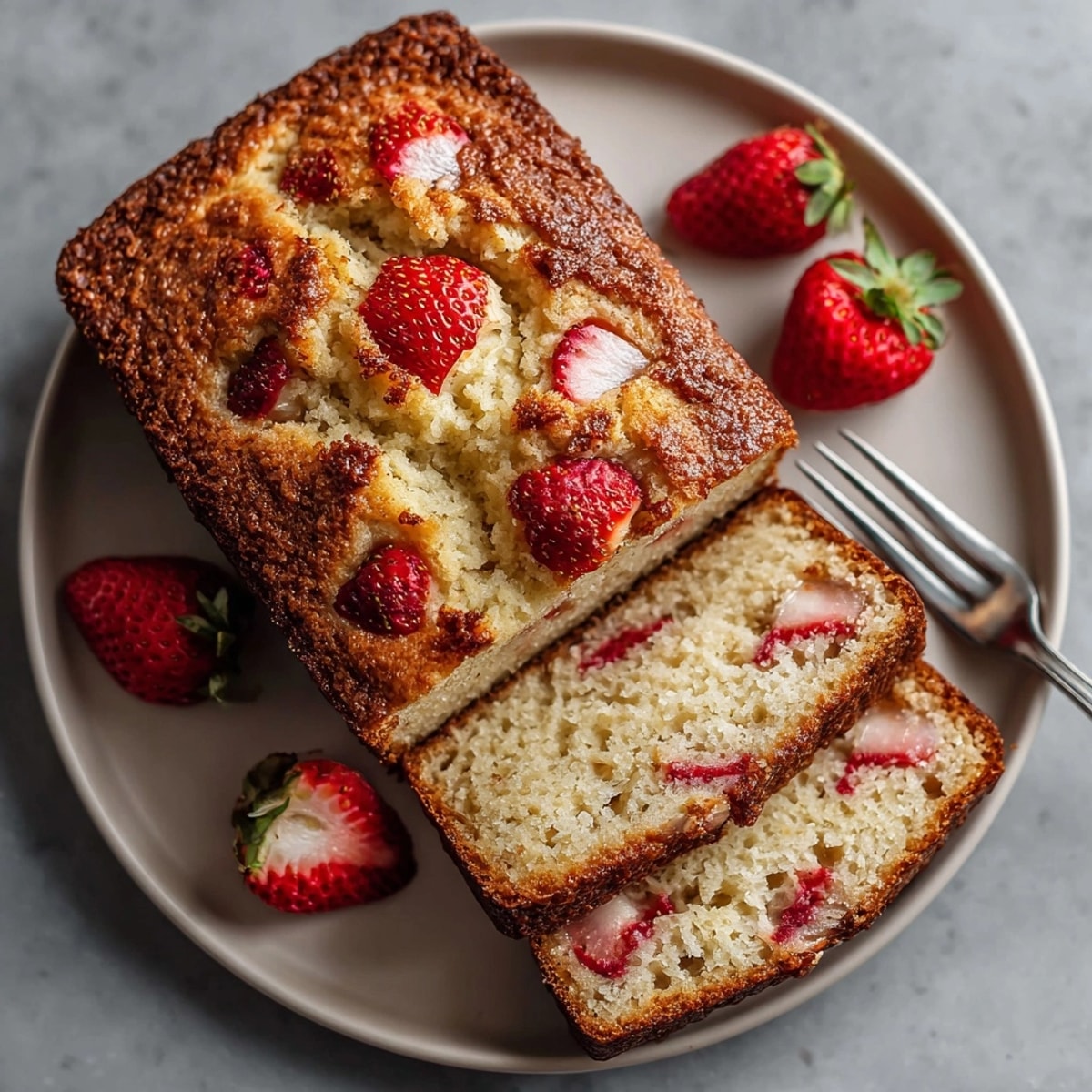 Enjoy a delicious slice of homemade Strawberry Banana Pancake Bread, perfect for breakfast or a snack.