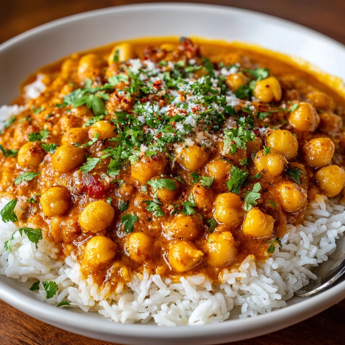 Steaming bowl of Chickpea Curry with rice, fragrant spices, ready to be enjoyed.