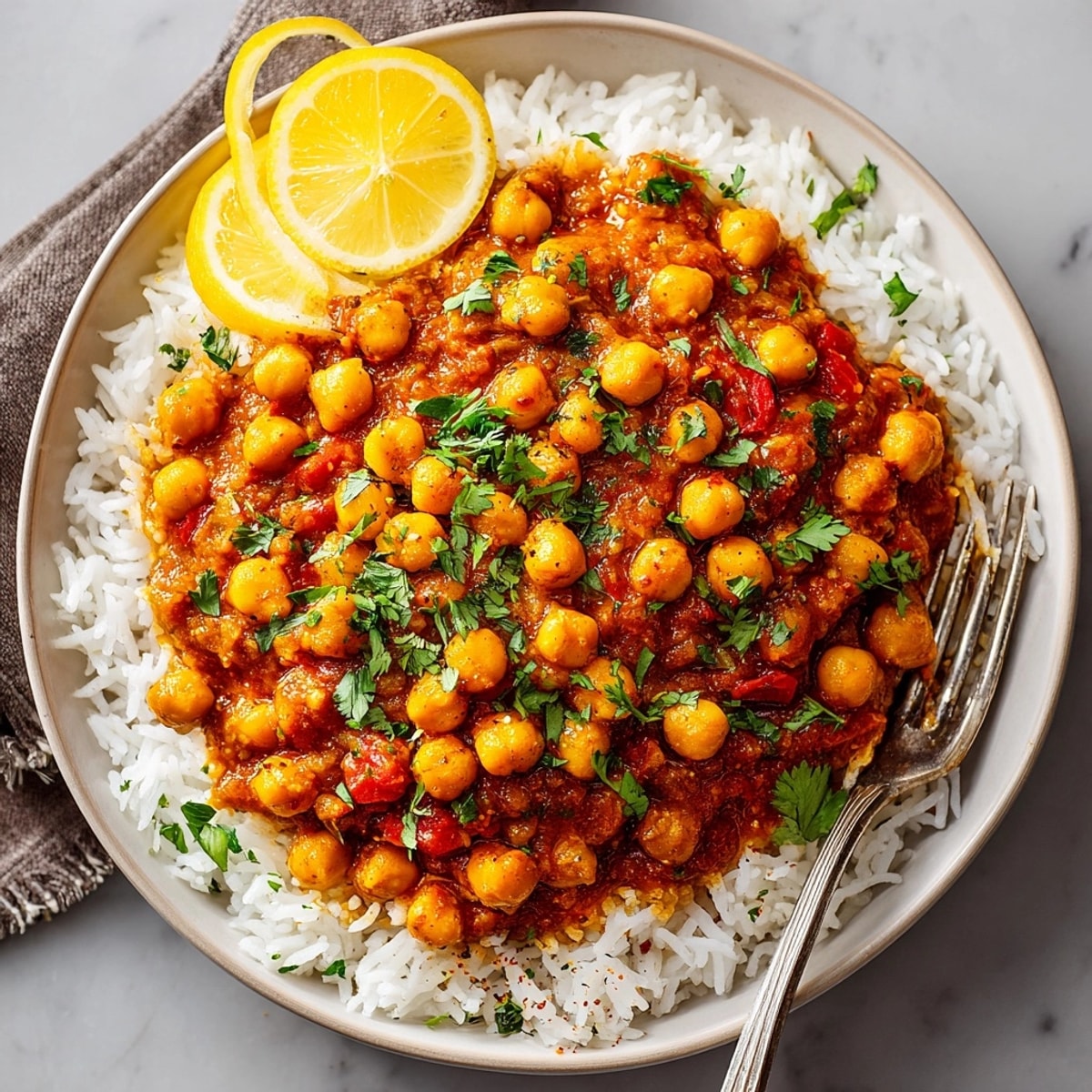 A close-up view of rich, flavorful Chickpea Curry with fluffy basmati rice, garnished deliciously.