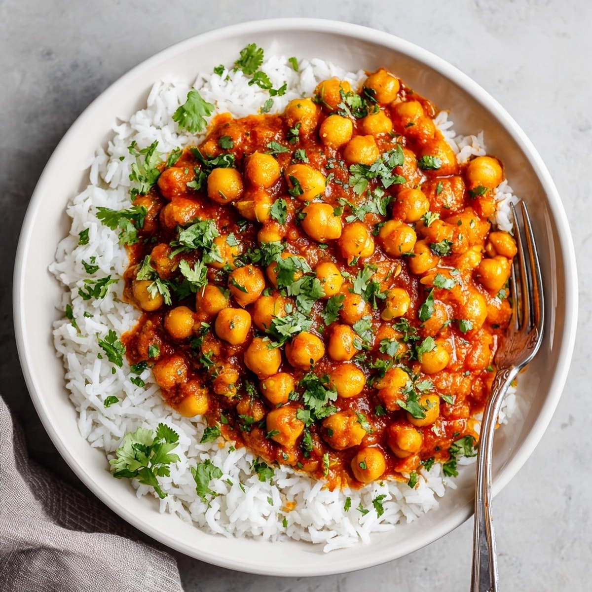 Vibrant color from this Chickpea Curry, a vegan delight served over a bed of steaming white rice.
