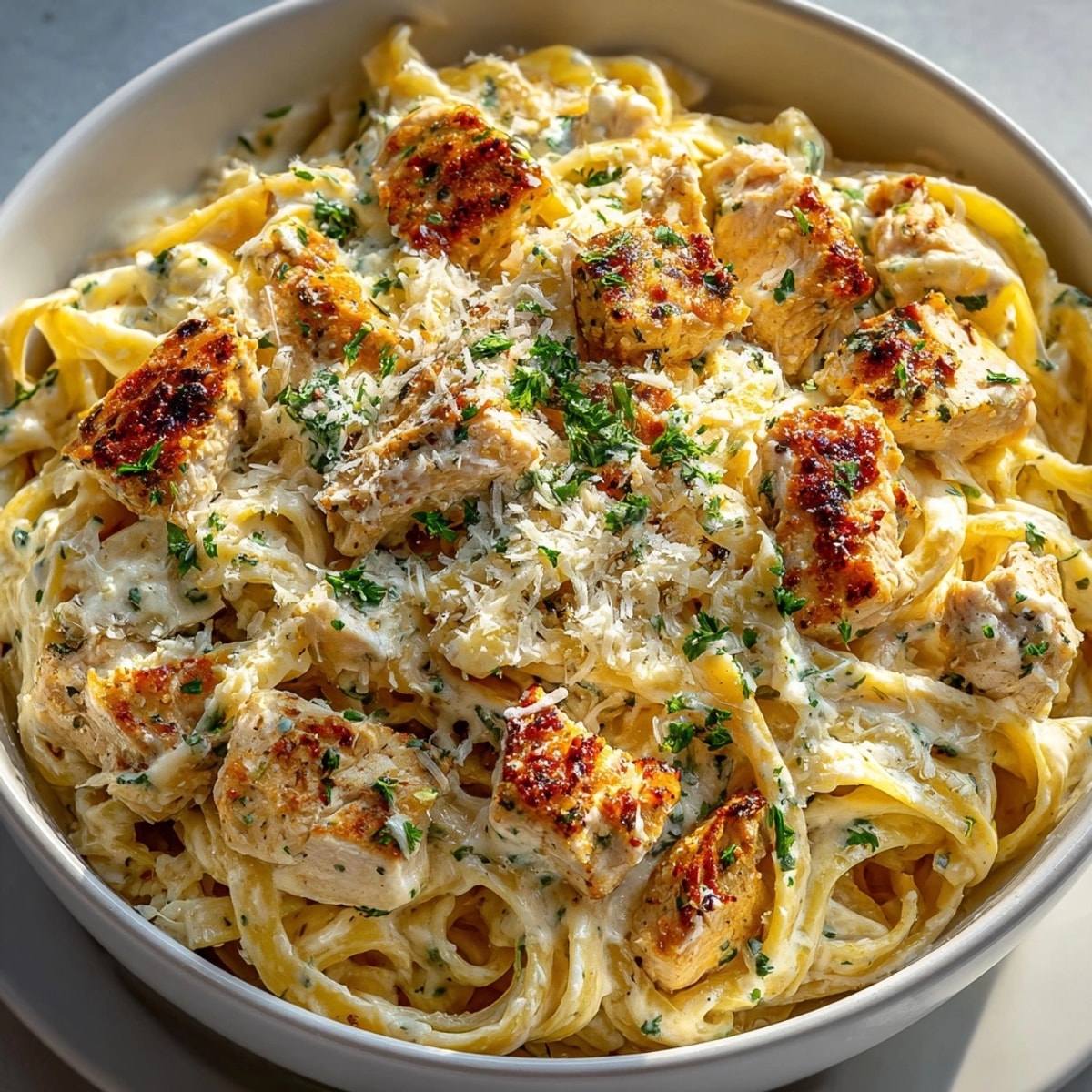 One-Pot Chicken Alfredo Pasta ready to serve, creamy with Parmesan and parsley garnish.