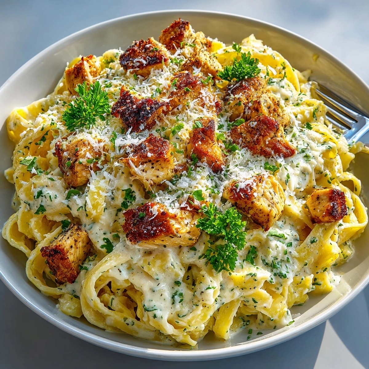 A large bowl of steaming One-Pot Chicken Alfredo Pasta with tender chicken and fettuccine.