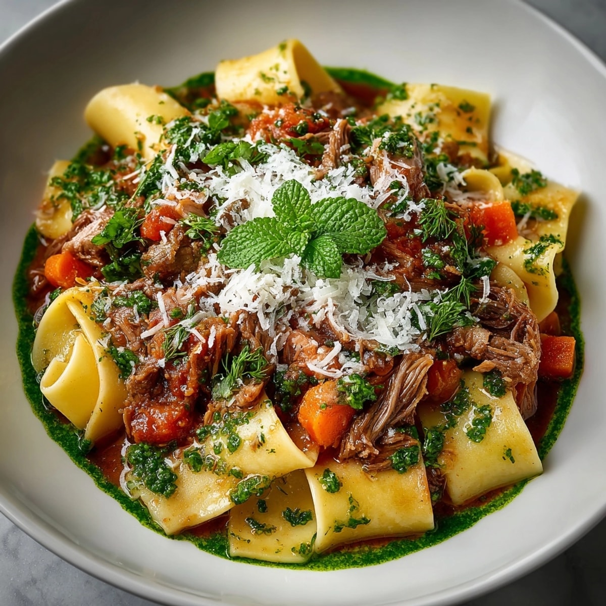 Lamb Ragu Pappardelle with Mint Oil: A close-up showcases the rich lamb ragu over broad pasta noodles.