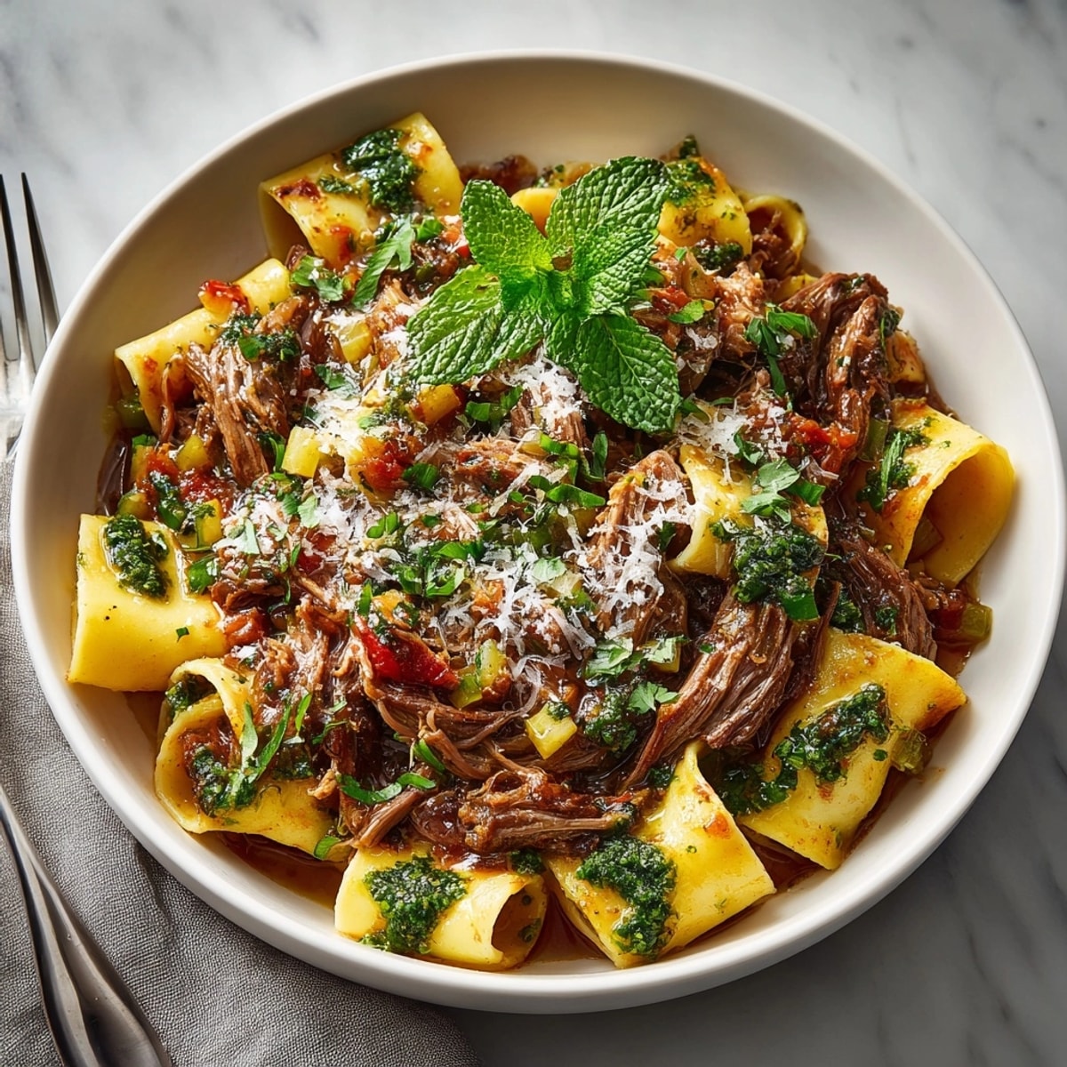 Slow-cooked Lamb Ragu Pappardelle with Mint Oil, with a vibrant green mint oil swirl and fresh herbs.
