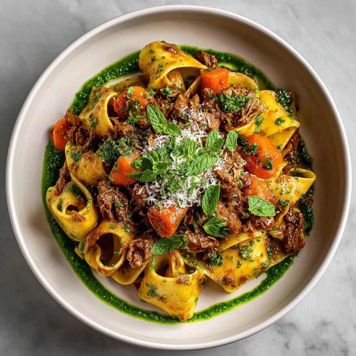 Homemade Lamb Ragu Pappardelle with Mint Oil, a comforting Italian dish, ready to be savored.