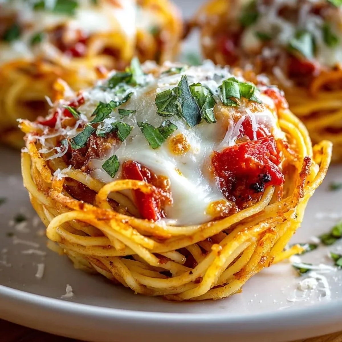 Crispy Pasta Nest Bowls with a vibrant tomato filling and melted mozzarella create a delicious meal.