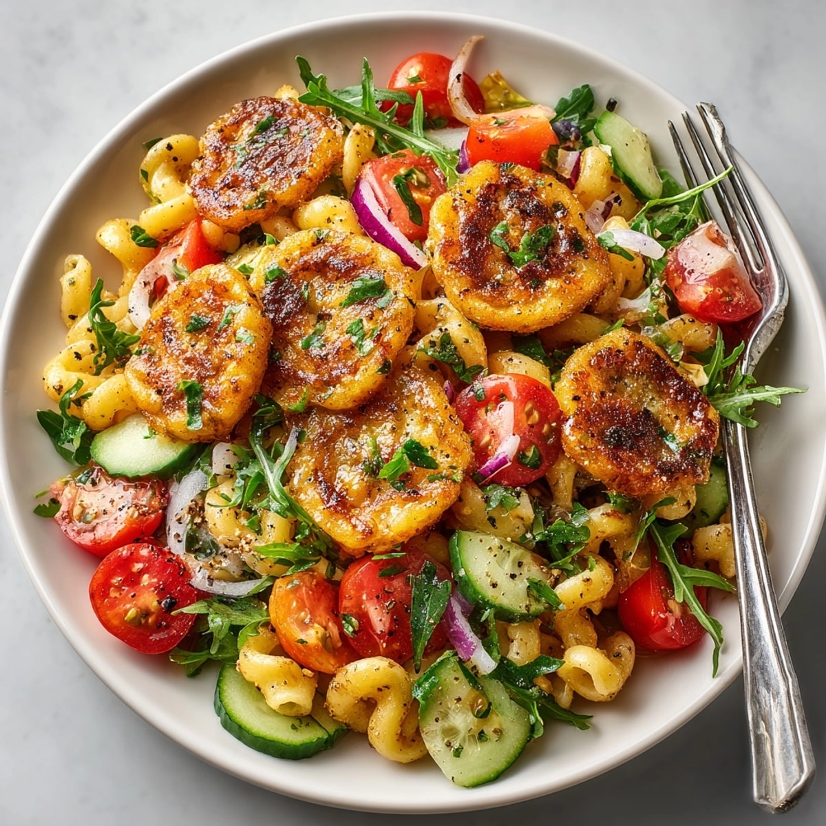 Fluffy mini pancakes mix with pasta and veggies in this Pancake Pasta Salad.