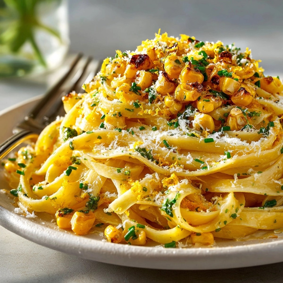 Creamy Corn Silk Pasta with Charred Corn Kernel Pop, ready for a delightful first bite!