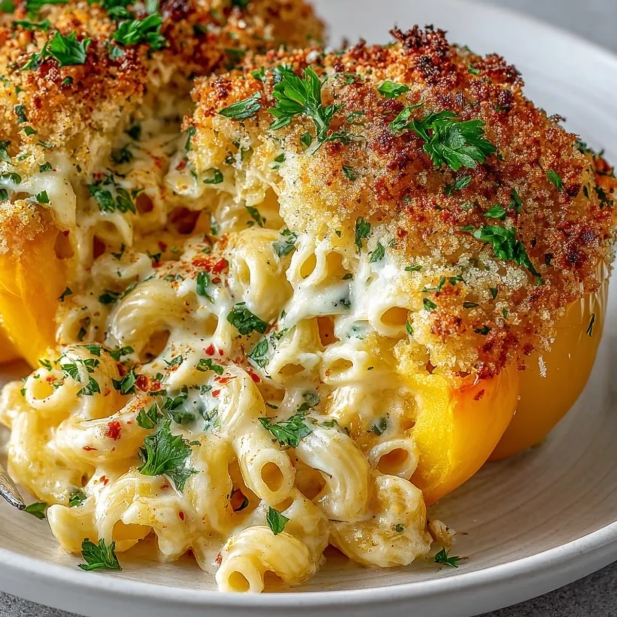 Mac and cheese stuffed peppers baked to golden perfection, creamy cheese bubbling over vibrant bell peppers.
