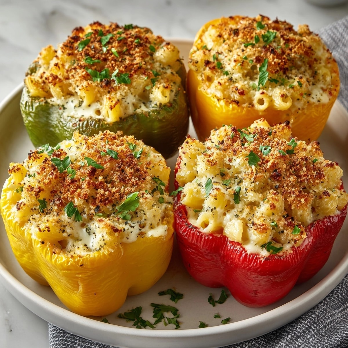 Close-up of cheesy mac and cheese stuffed peppers, topped with crispy panko breadcrumbs and parsley garnish.