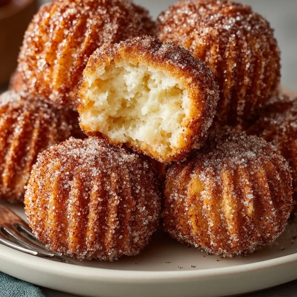 Golden cinnamon sugar churro bites stacked on a plate, ready for dipping in chocolate sauce.