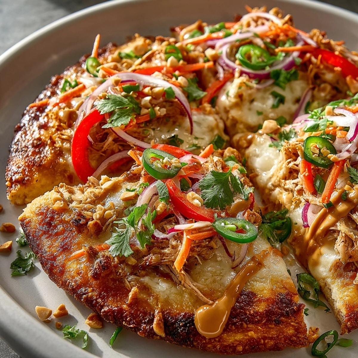 Thai Peanut Chicken Pizza fresh from the oven, bubbling cheese, colorful veggies, and drizzled peanut sauce